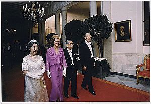 The Empress, Mrs. Ford, the Emperor and President Ford at the White House prior to a state dinner held in honor of the Japanese head of state for the first time. October 2, 1975.