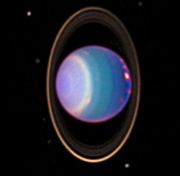 HST image of Uranus showing cloud bands, rings, and moons