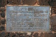 The inscription on the back of the Captain James Cook memorial in Waimea, Kauai