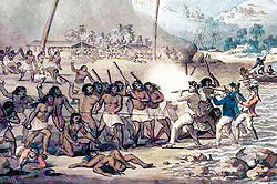 The original painting by Cleveley was discovered in 2004 and depicts Captain Cook as a violent man.