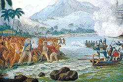 One of the most famous reproductions of Cleveley's Death of Cook hangs at the Honolulu Academy of Arts. It depicts Captain Cook as a peacemaker.