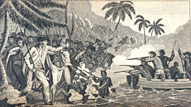 The death of Captain James Cook at Kealakekua Bay, Hawaii. In: "A Collection of Voyages round the World ... Captain Cook's First, Second, Third and Last Voyages ...." Volume VI, London, 1790. Archival Photograph by Mr. Sean Linehan, NOS, NGS