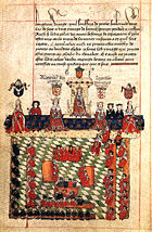 A mediæval manuscript, showing the Parliament of England in front of the king c. 1300