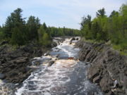 Tilted beds of the Middle Precambrian Thompson Formation in Jay Cooke State Park.