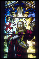 Stained glass from Rochester Cathedral in Kent, England, incorporating the Flag of England.