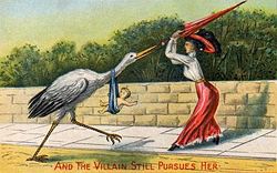 "And the villain still pursues her." Satirical Victorian era postcard.