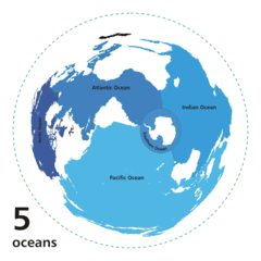 Animated map exhibiting the world's oceanic waters.  A continuous body of water encircling the Earth, the world (global) ocean is divided into a number of principal areas.  Five oceanic divisions are usually recognized: Pacific, Atlantic, Indian, Arctic, and Southern; the last two listed are sometimes consolidated into the first three.