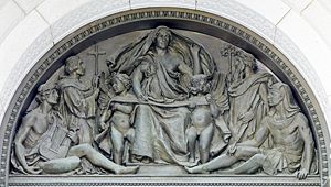 Olin Levi Warner, tympanum representing Writing, above exterior of main entrance doors, Thomas Jefferson Building, Washington DC, 1896.