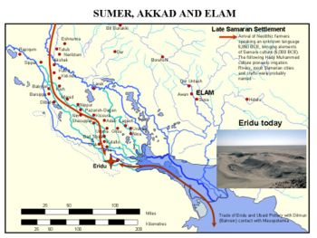 First farmers from Samarra arrive in Sumer, and build shrine and settlement at Eridu