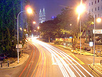 The busy Jalan Ampang at night leading straight to the Petronas Towers.