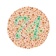 Example of an Ishihara color test plate. The numeral  "74" should be clearly visible to viewers with normal color vision. Viewers with dichromacy or anomalous trichromacy may read it as "21", and viewers with achromatopsia may see nothing.