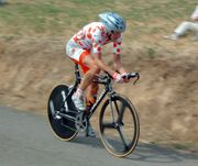 Michael Rasmussen wearing the polka dot jersey in 2005.