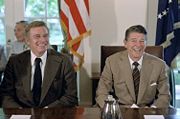Charlton Heston and Ronald Reagan at a meeting in the White House. Both of them would later develop Alzheimer's disease