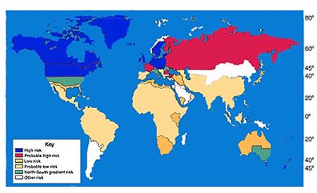 World map showing that risk (incidence) for MS increases with greater distance from the equator