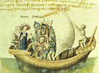 The founders of Scotland of late medieval legend, Scota with Goídel Glas, voyaging from Egypt, as depicted in a 15th century manuscript of the Scotichronicon of Walter Bower.