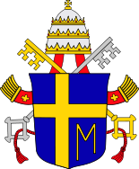 Coat of Arms of Pope John Paul II with the Marian Cross. The Letter M is for Mary, the mother of Jesus, to whom he held strong devotion