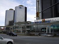 People Mover train  comes into the Renaissance Center station.