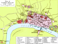 Map of London in 1300, showing the medieval boundaries of the City of London