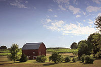 A pastoral farm scene with a classic red barn.