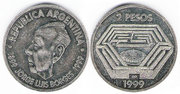 Special two-Argentine pesos coin featuring Borges, 1999