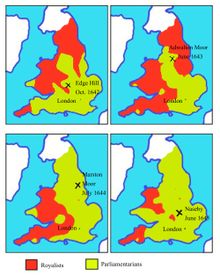 Maps of territory held by Royalists (red) and Parliamentarians (green), 1642 — 1645