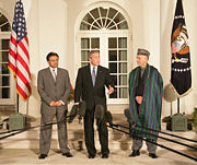 George W. Bush stands with President Pervez Musharraf of the Islamic Republic of Pakistan, left, and President Hamid Karzai of the Islamic Republic of Afghanistan on September 27, 2006 in the Rose Garden at the White House.