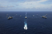 Naval ships from India, Japan, Australia, U.S. and Singapore during a naval exercise off the Malabar coast. The primary aim of the exercise was to enhance naval surveillance in the Arabian Sea, Indian Ocean and Strait of Malacca.