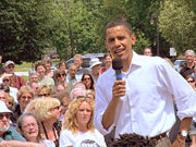 Obama taking questions from a crowd in New Hampshire