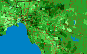 Darker green areas indicate areas of higher household incomes.  Suburbs immediately east of the centre tend to be more affluent