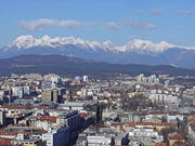 The northern tip of Ljubljana's center (foreground) and Bežigrad (background), beneath the Kamnik Alps