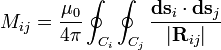   M_{ij} = \frac{\mu_0}{4\pi} \oint_{C_i}\oint_{C_j} \frac{\mathbf{ds}_i\cdot\mathbf{ds}_j}{|\mathbf{R}_{ij}|} 