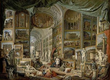 Late Baroque classicizing: G. P. Pannini assembles the canon of Roman ruins and Roman sculpture into one vast imaginary gallery (1756)