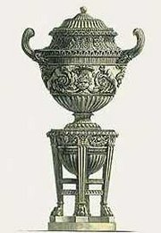 G.B. Piranesi's design for a vase on stand, Rome ca 1780, appealed more to his English and French patrons. Similar gilt-bronze vases were made in London and Paris, from ca. 1768 onwards.
