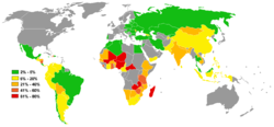 Map of world poverty by country, showing percentage of population living on less than 1 dollar per day. Information is missing for some countries.