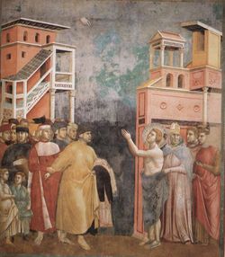 St. Francis of Assisi renounces his worldly goods in a painting attributed to Giotto di Bondone.