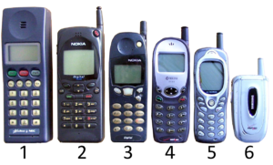 Various cell phones from 1992 to 2004.Legend:1. NEC Cellstar 500 series (1992)2. Nokia 2110 series (1994)3. Nokia 5120 (1998)4. Kyocera 2135 (2002)5. Audiovox CDM8300 (2002)6. Samsung SCH-A650 (2004)