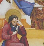 Seated apostle  holding lenses in position for reading. Detail from Death of the Virgin, by the Master of Heiligenkreuz, ca. 1400-30 (Getty Center).