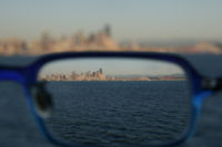 Seattle skyline as seen through a corrective lens, showing the effect of refraction.