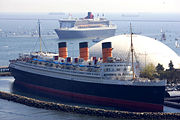 Queen Mary 2 visits the original Queen Mary (front) in Long Beach, California.