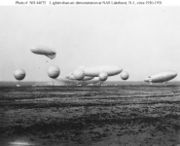 In the background, ZR-3, in front of it, (l to r) J-3 or 4, K-1, ZMC-2, in front of them, "Caquot" observation balloon, and in foreground free balloons used for training. US Navy airships and balloons, 1931