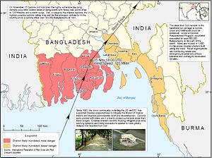 Map showing Sidr affected districts and disaster response.