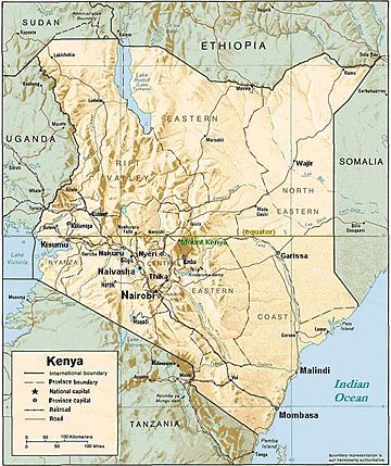 Seaport Mombasa, below Malindi, has railway to Nairobi (center), south of Naivasha & Nyeri. (click map to enlarge)