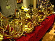 A display of double horns made by Paxman
