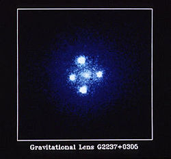 Einstein cross: four images of the same astronomical object, produced by a gravitational lens