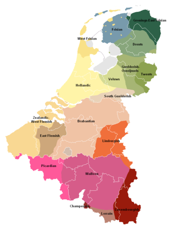 Position of West Flemish (colour: sandy) among the other minority languages, regional languages and dialects in the Benelux