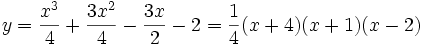 y=\frac{x^3}{4}+\frac{3x^2}{4}-\frac{3x}{2}-2=\frac{1}{4}(x+4)(x+1)(x-2)