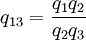 
q_{13} = \frac{q_1 q_2} {q_2 q_3}
