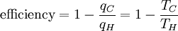 
\textrm{efficiency} = 1 - \frac{q_C}{q_H} = 1 - \frac{T_C}{T_H}
