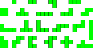 The shapes of the 21 Blokus tiles.