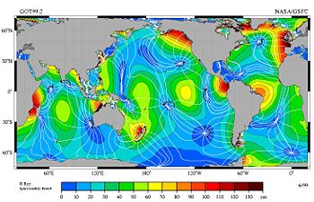 The M2 tidal constituent. Amplitude is indicated by color, and the white lines are cotidal differing by 1 hr. The curved arcs around the amphidromic points show the direction of the tides, each indicating a synchronized 6 hour period.